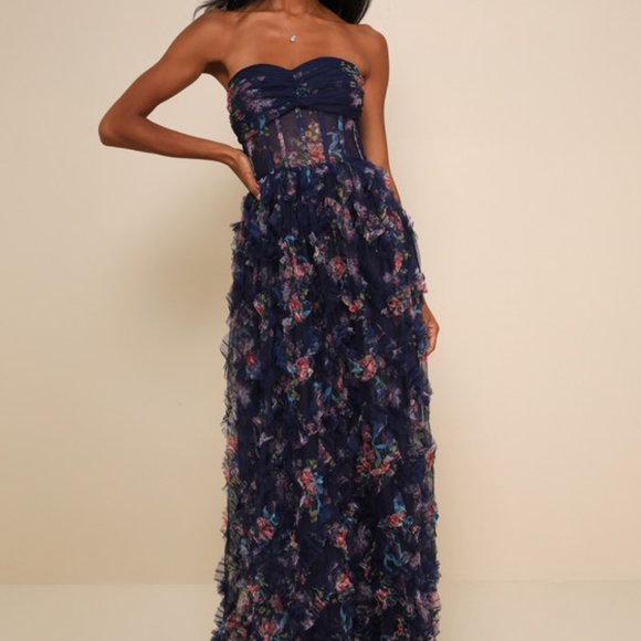 Lulus Stunning Element Navy Floral Mesh Ruffled Strapless Maxi Dress Blue - Picture 1 of 2